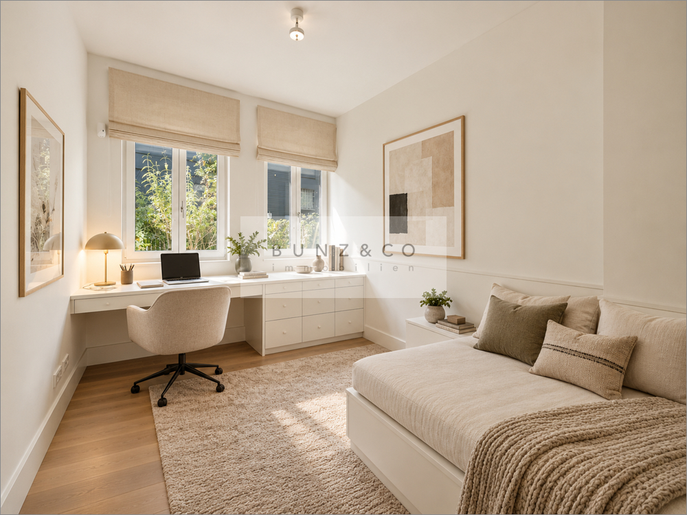 mögliches Homeoffice (KI-bearbeitet – Möblierung teilw. digital ergänzt/verändert.)